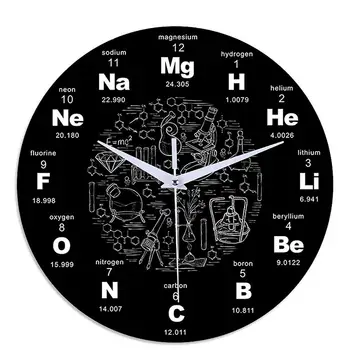 Moderno Reloj de Pared con la Química Ciencias de la Tabla Periódica Redondo de Acrílico de Silencio Reloj de Pared de 12 pulgadas, de color Negro