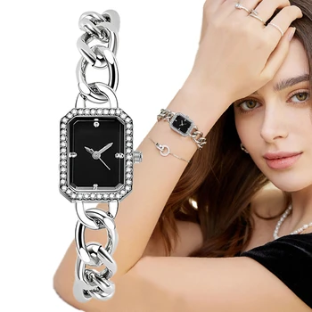 Simple de las Señoras de Lujo DQG Relojes de la Marca de la Plaza de la Moda Con Diamantes de las Mujeres de Cuarzo Reloj de Pulsera de Acero Inoxidable de Vestidos de Reloj