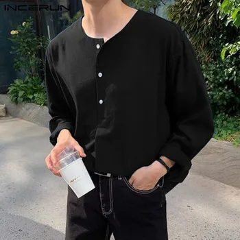 INCERUN Tops 2023 Estilo coreano Nuevo Hombre Sólido de la Mitad de Abrir el Barril de Camisa Casual de Ropa Masculina Venta Caliente de Manga Larga Blusa de la S-5XL