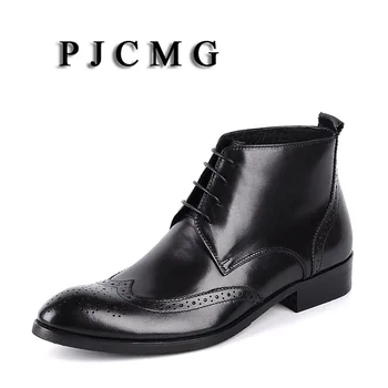 PJCMG Nueva piel de Vaca Genuina Botas de Cuero Suave Negro/Rojo Punta del Dedo del pie Transpirable Bullock Patrones de Oxford Zapatos de Vestir Para Hombres Botas
