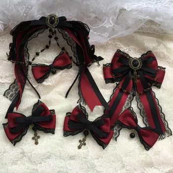 lolita accesorios de vino negro moño rojo horquilla gótico arnés estilo gótico KC Lolita accesorios para el cabello