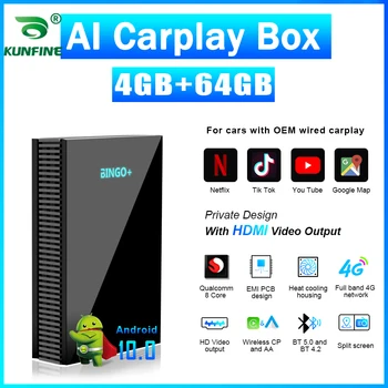 Carplay AI CUADRO Android 10.0 Inalámbrica Carplay Android Auto Adaptador de Coche de Caja Reproductor Multimedia Octa Core 4+64 MINI HDMI a la red 4G