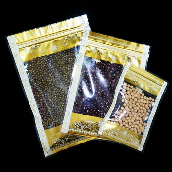 100pcs Cremallera Transparente de Plástico Reutilizable Bolsas con Oro Amarillo de Encaje de Impresión / Zip Auto Sellado de Lujo Bolsa de Grado de Alimentos Pack
