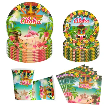 Aloha Hawaii Luau Platos de Papel, Servilletas de la copa de Vajillas para Hawai Tropical Cumpleaños de Verano de Fiesta en la Piscina decortion