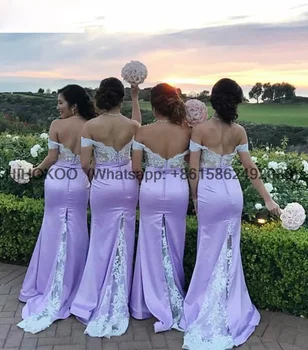 la luz de lavanda vestidos de dama de honor de la sirena Fuera del Hombro de encaje de seda raso vestidos de fiesta para bodas sukienki na wesele