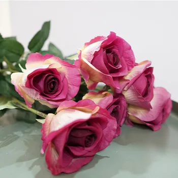 5pcs Rose Sola Rama Toque Real Hidratante de Flores Artificiales para la Decoración de la Casa de la Novia en la Mano Falso Flores de la Boda Decoración