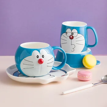 Doraemon taza con tapa de la máquina de gato azul grasa lindo de cerámica de la taza