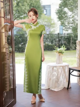 La Mujer De Verde De Satén De Encaje Cheongsam Vintage De Manga Corta Vestido Tradicional Chino Slim Largo Qipao