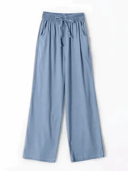 De la mujer Pantalones de Cordón Sólido Elástico en la Cintura Bolsillos Sueltos Largo Jeans Casual Primavera 2023