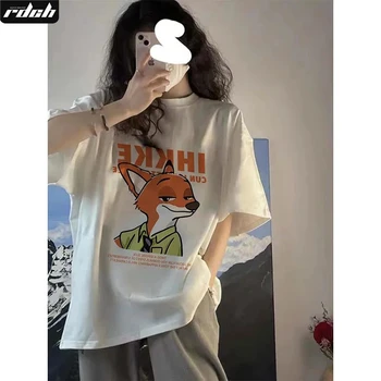 Disney Puntada T-Shirt para las Mujeres Lindo Divertido Fox Camiseta de Hello Kitty Imprimir Instagram Ropa de Verano de las Camisetas de la Moda de Harajuku Y2k Tee