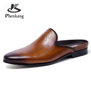 Phenkang De Cuero Genuino De Texto De Diseño Del Slip-On Zapatillas De Los Hombres Talla De Negocios Zapatos De La Boda
