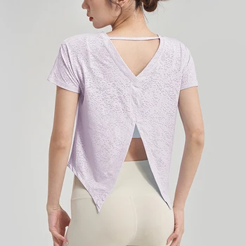 Yoga hermosa superior trasera de fitness para mujeres casual T-shirt ejecución de secado rápido, transpirable deporte de manga corta blusa split