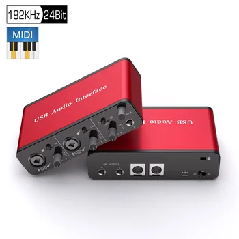 2i2 192KHz/24Bit Fantasma de +48V de Alimentación USB Interfaz de Audio MIDI Studio Externo USB de la Tarjeta de Sonido para la Grabación de Podcast MIDI I/O