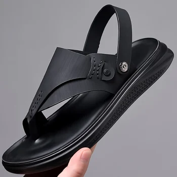 De verano los Hombres de Negro Sandalias Transpirable Macho Sandalias al aire libre Anti-deslizamiento Suave de los Hombres Casual Zapatos de los Hombres de la Playa de Cuero Durable de 2023