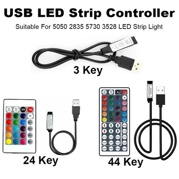 Tira de LED Controlador de 5V Control Remoto Kit USB Controlador RGB 3 24 44 Clave de Dimmable LED De 5050 2835SMD Luz de Tira de TV luz de fondo