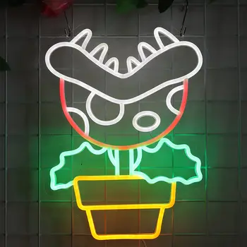 Mario Piraña Planta Letrero de Neón Alimentado por USB, Flor LED de Luz de Neón Signo Regulable Luz de la Noche, para el Dormitorio el Hombre de las cavernas Gamer Habitación Deco