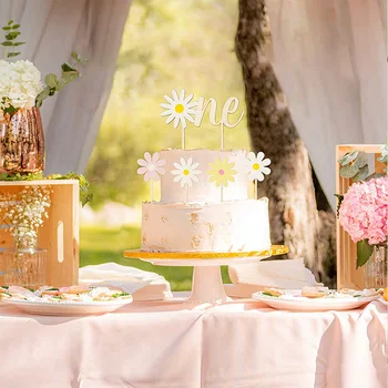 5pcs Daisy Cake Toppers de la Flor de Madera de la Torta de la etiqueta Engomada de la Torta de Cumpleaños Decoración de Baby Shower Partido Suministros para Hornear Accesorios