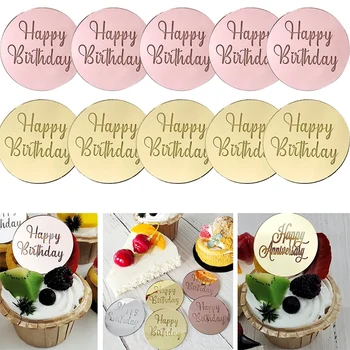 10pcs Feliz Cumpleaños Cupcake Toppers de Oro de Acrílico Círculo de Postre Pastel de BRICOLAJE, Decoraciones de Insertar la Tarjeta de los Niños de la Fiesta de Cumpleaños Decoración