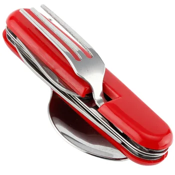 El precio de fábrica de la venta directa plegable cuchillo, tenedor y cuchara de acero de la combinación de los utensilios de rojo asamblea multifuncional