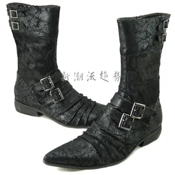 Choudory la moda tallas altura de la rodilla negro / blanco para hombre botas de botas de Moto de cuero genuino para hombre botas de invierno con hebilla