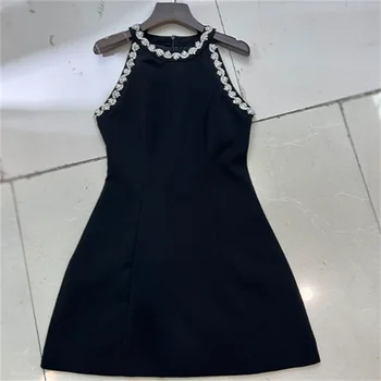 Negro Taladro Tanque Vestido de Mujer Primavera Verano O Cuello de la Señora de la Oficina Casual cordón de los Vestidos de las Mujeres de 2023