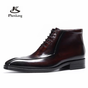 Phenkang de los Hombres de Invierno Botas Chelsea de Cuero Genuino Negro Tobillo Impermeable Ocasional de Trabajo Plana Zapatos para Hombres Vestido de Primavera