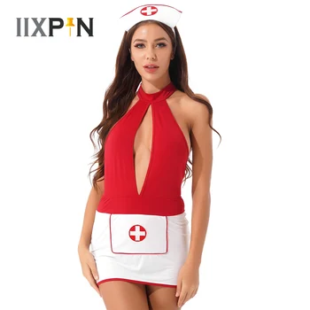 Mujer Enfermera Sexy Disfraz de Halloween Cosplay Traje de Enfermera Halter Hueco sin Respaldo Slim Fit Mini Vestido con Diadema Conjunto de Lencería