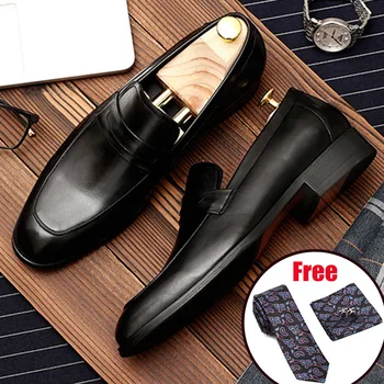 Los hombres zapatos de cuero de negocios vestido de traje de zapatos de los hombres de la marca Becerro de cuero genuino negro slipon de la boda zapatos de hombre Phenkang 2020