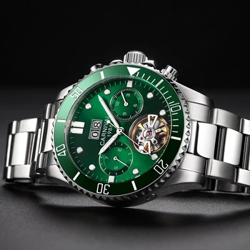 CARNAVAL de la Marca de Lujo de Tourbillon Reloj Mecánico de los Hombres Dial Verde 316 de Acero Banda Luminosa Impermeable de Negocios Relojes Automáticos