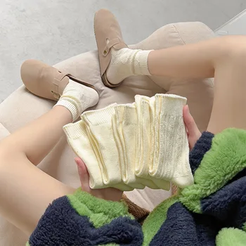 Las mujeres de color Blanco Sólido Calcetines Gruesos de Diamante de la Línea de Celosía Ins Marea coreana Mediados de los Calcetines de tubo de Primavera Japonesa de Otoño de la Princesa de la Pila de Calcetines