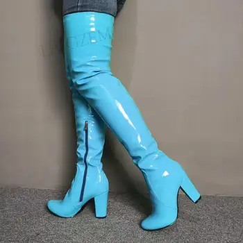 DOBANER Mujeres Muslo Botas Altas de Cuero de Imitación Gruesos zapatos de Tacón Alto Zapatos de Mujer de Más de la Rodilla Botas de Cremallera Lateral de la Boda Más el Tamaño de 43 44 47