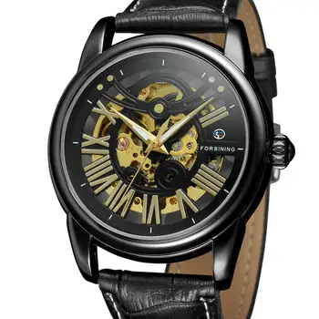 FORSINING RELOJ de Moda casual de oro hueca diseño creativo de numeración Romano reloj de los hombres de negro de caja y esfera negra correa de cuero
