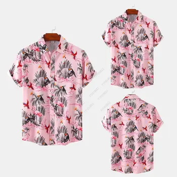 2023 Flamenco Rosado Floral De Impresión Camisa Hawaiana De Los Hombres De Verano Casual De Manga Corta De La Playa De Aloha Camisa De Los Hombres Del Partido Vacaciones Chemise Homme