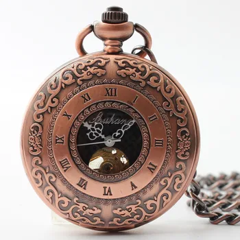 10pcs/lot Steampunk Rojo Bronce Mecánico Reloj de Bolsillo Vintage Esqueleto Reloj de Bolsillo de los Hombres de Regalo Reloj con Cadena