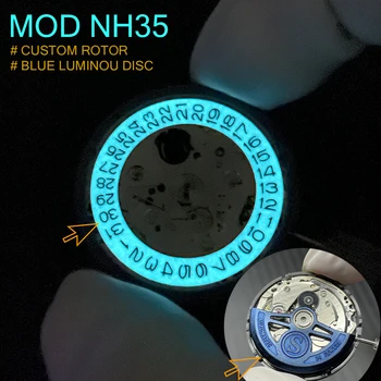 Mod Seiko NH35A Movimiento Modificación Azul Luminoso Personalizado con Martillos de Alta Precisión de Movimiento Mecánico Automático
