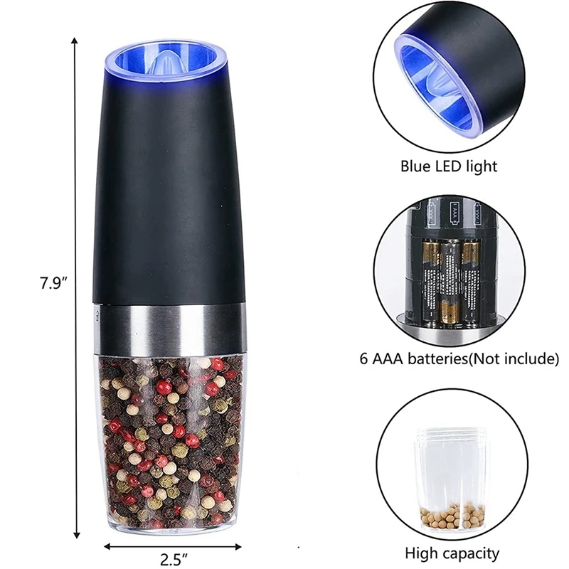 Automático, Sensor de Gravedad de Especias Molinos de Molino de Sal Con Luz LED Ajustable Tosquedad ABS