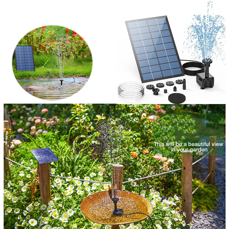 DIY Solar Fuente Kit de Bomba de Agua con Seis Tipos de Aspersores, Boquillas de Eco-amistosa y Segura para las Aves Baño Jardín Piscina Patio